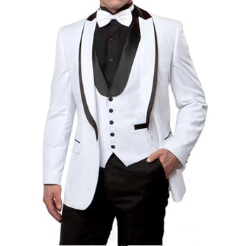Бели смокинги на една пуговице за младоженеца с ревера на Мъжки Костюми за сватбени партита, Блейзър за бала (Яке + черни панталони + Жилетка)