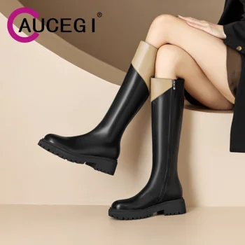 Aucegi/Нови Разноцветни дамски Престрелки ботуши до Коляното с кръгло бомбе на дебелите ток, есенно-зимна ежедневни обувки са с цип, по-Големи Размери 34-43
