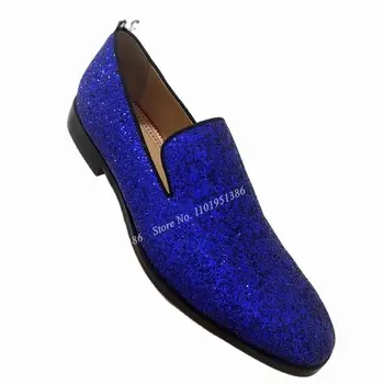 Moraima Snc/ синя мъжки обувки с пайети, расшитая пайети, мъжки модельная обувки, меки слипоны, нови обувки за партита, Голям Размер на 47, Есенна клонка